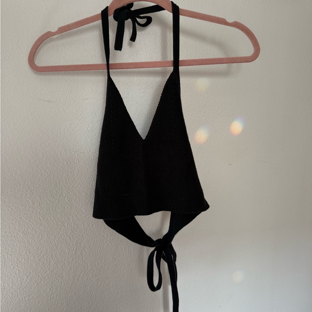 Blue Asphalt Black Crop Tie Front Tank Top